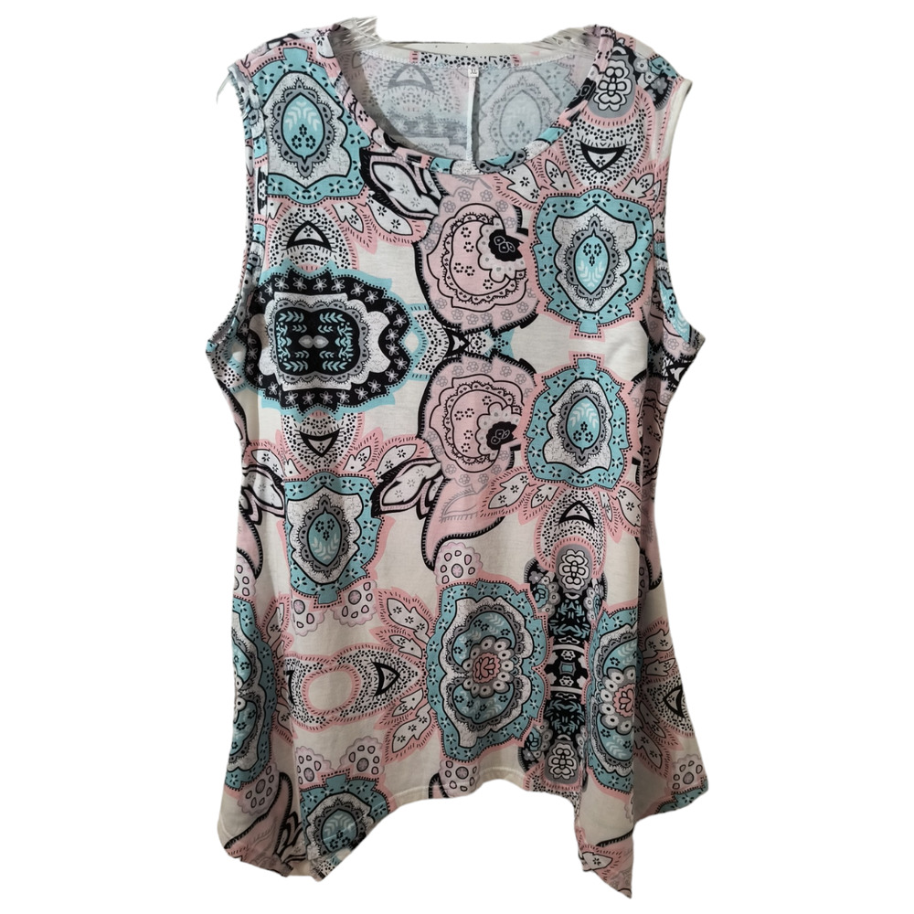 Woman's Sleeveless Tunic top Size XL Multicolor Shark Bite Hem Pullover Tee